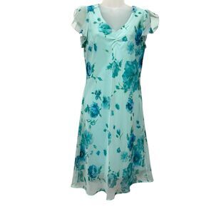 DBY Green Floral Chiffon Flutter Sleeve V Neck Midi Dress Size 7/8 Fairycore